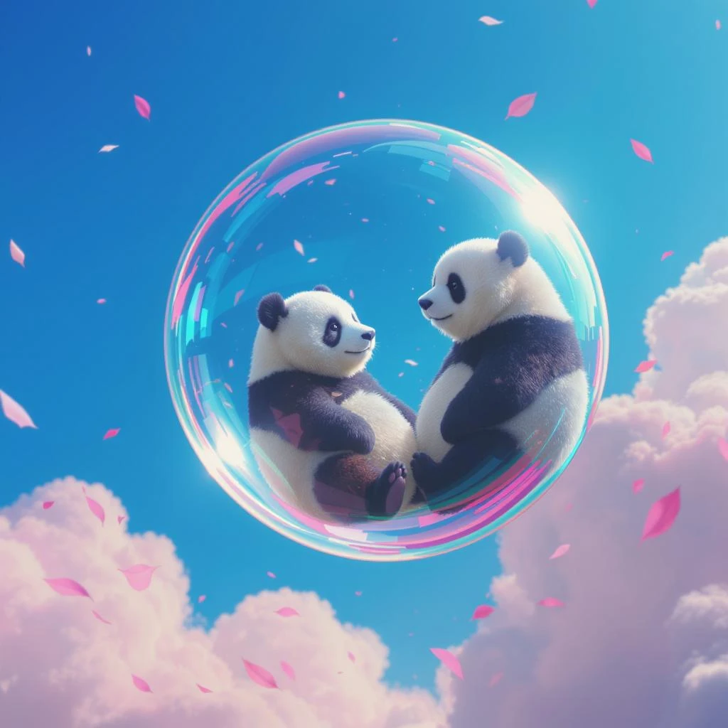 Realistic, Minimalistic Cinematic still of pandas bears sitting inside flying bubbles, blue sky filling background , pink clouds, pink leafs falling around emoji