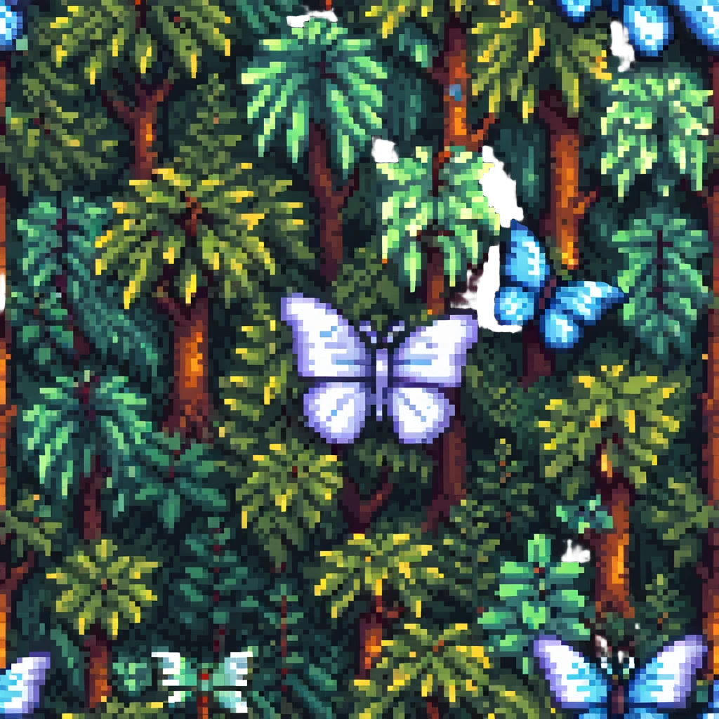pixel art butterfly among trees and plants, forest background emoji