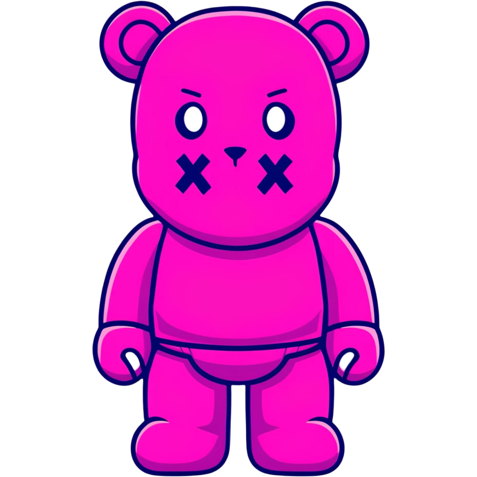 Bearbrick figure with classic KAWS crossed-out X eyes wearing a bright pink balaclava, colorful bear-shaped collectible toy emoji