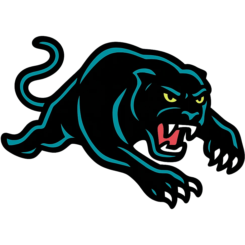 Penrith Panthers rugby league logo, fierce panther head, black and teal, bold lines, minimal background emoji