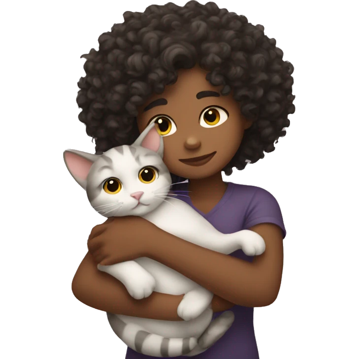Curly girl hugging cat emoji