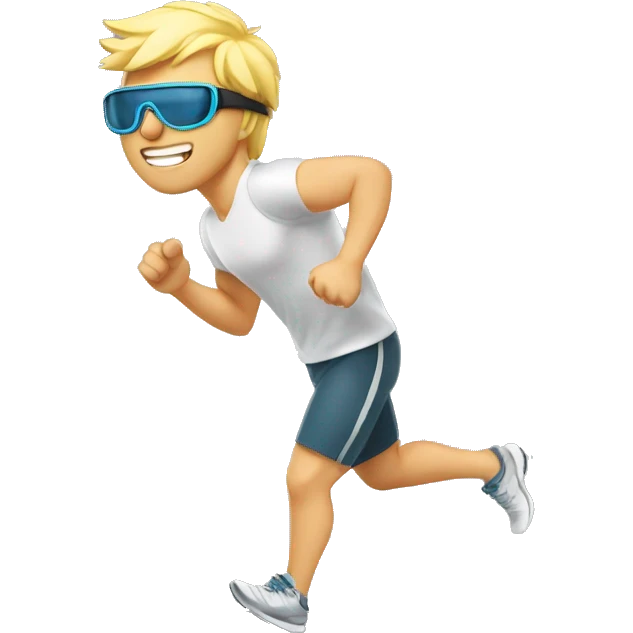 blonde guy wearing silver sports goggles running on a treadmill, athletic build emoji