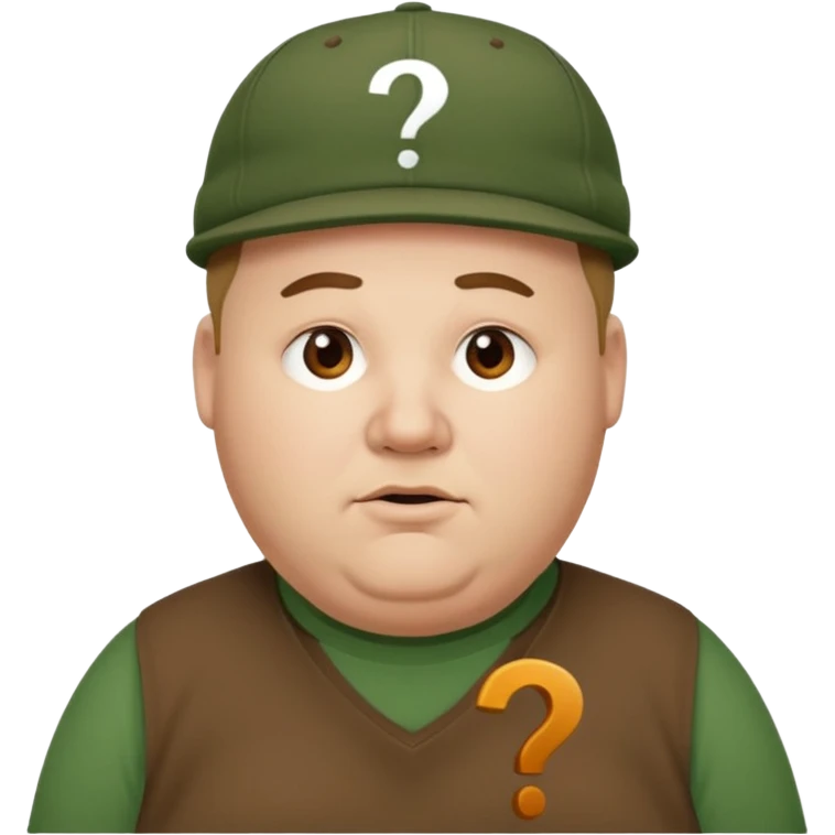 white fat man with brown cap and green t shirt printeed a question mark emoji