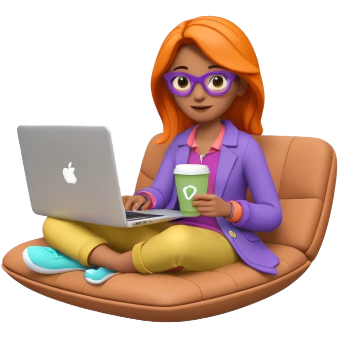 3D clay woman character relaxed with laptop and coffee in Paris, floating icons (dollars), colofrful modern outfit, white laptop, Pixar style, transparent background emoji