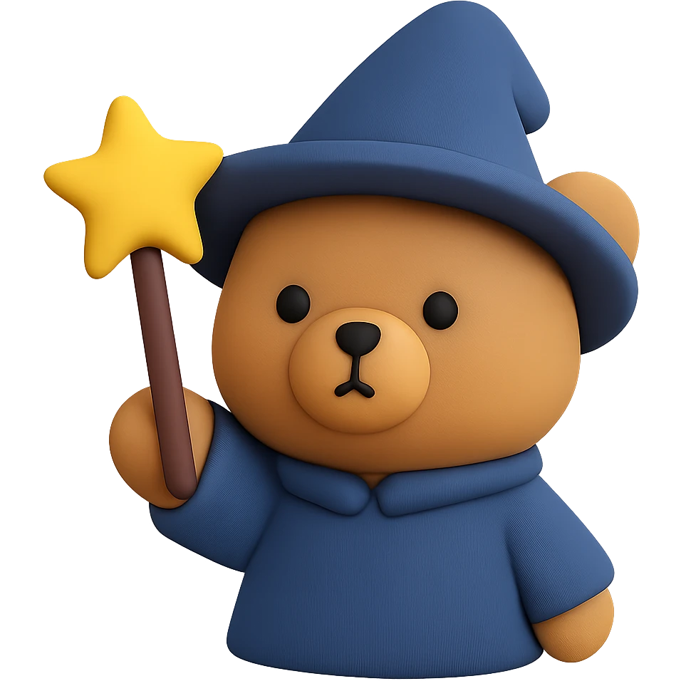 A cute bear wizard with pointed wizard hat and magic wand emoji