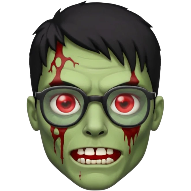 homem zumbi de óculos cabelo preto com muita olheira deixar pele dele verde dentes brancos e olhos vermelhos e ensanguentados deixar óculos quadrado e preto e olhos cheio de veias vermelhas e encher o rosto de piercings colocar piercing em todo rosto emoji