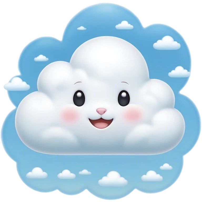 Cinematic tiny puffy bunny-shaped cloud, floating gently in the sky, soft glowing light, tiny rounded ears, smiling face, dreamy and magical. emoji