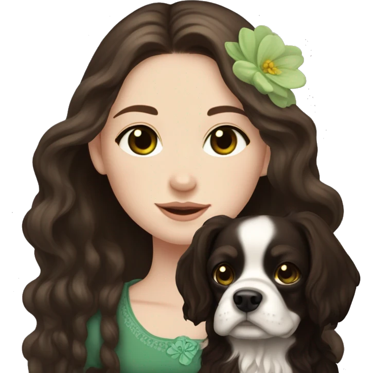 pale skin girl with green eyes with long dark brown hair that has a flower in her hair  holding a black and brown cavalier dog the dog also has a flower in its hair emoji
