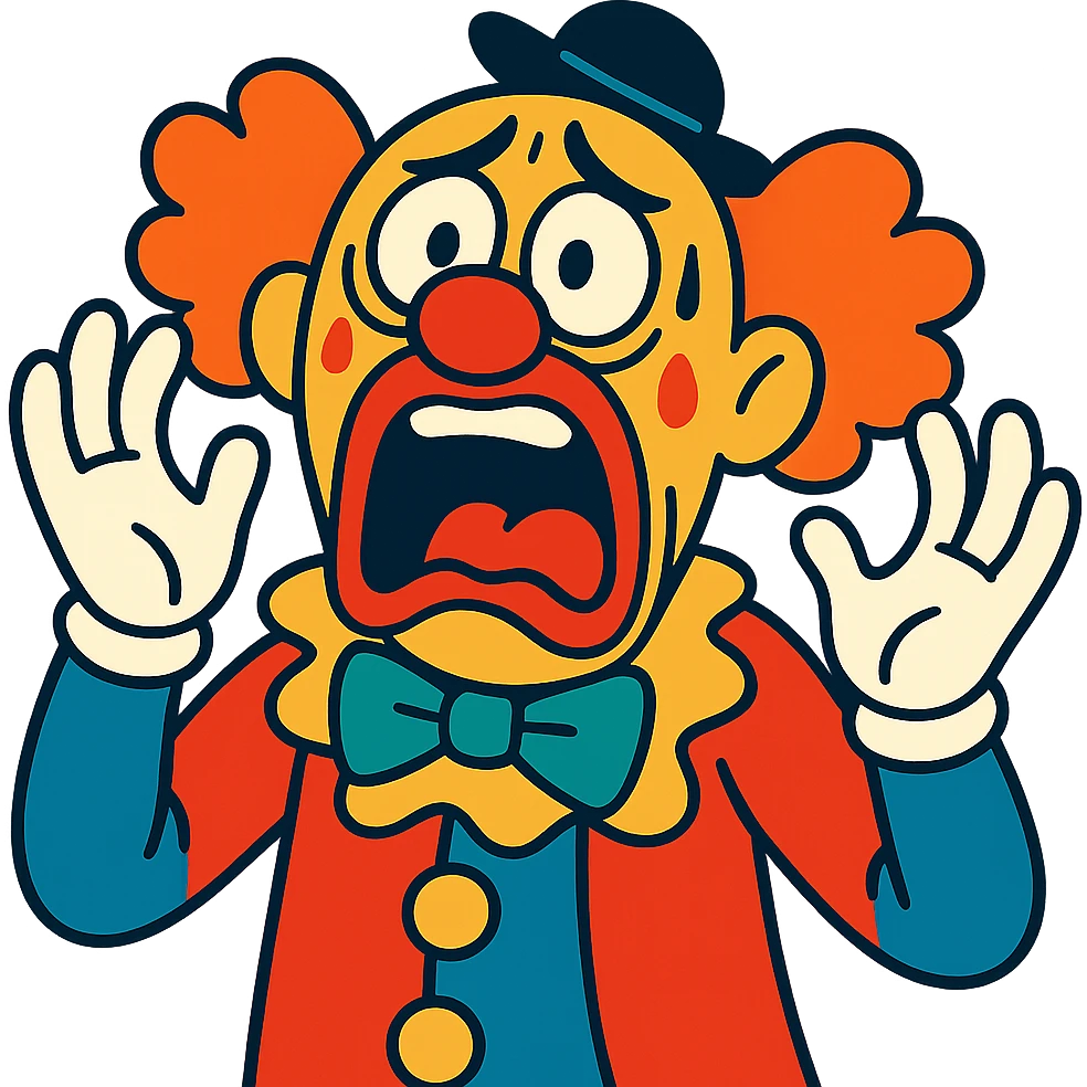 very scared clown, mouth open in scream, exaggerated frightened expression emoji