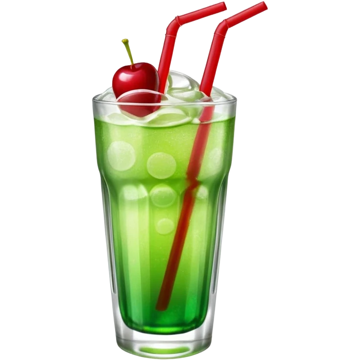 Create an emoji with a clear rounded glass, bright transparent green soda with fine bubbles, a smooth vanilla scoop on top, a glossy red cherry, and a red straw, using vibrant colors, soft shading, and clear glass highlights.
 emoji