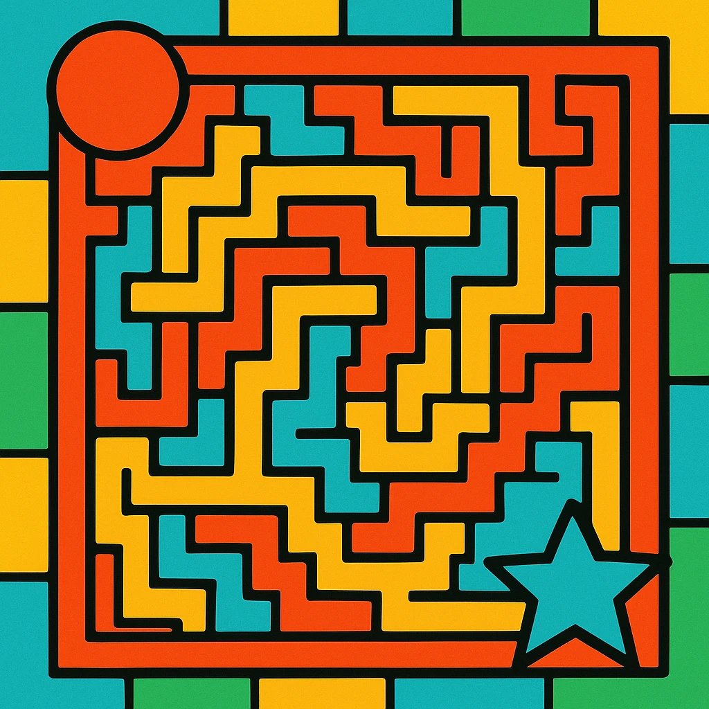 a maze in a vibrant toon style, bold colors and outlines emoji