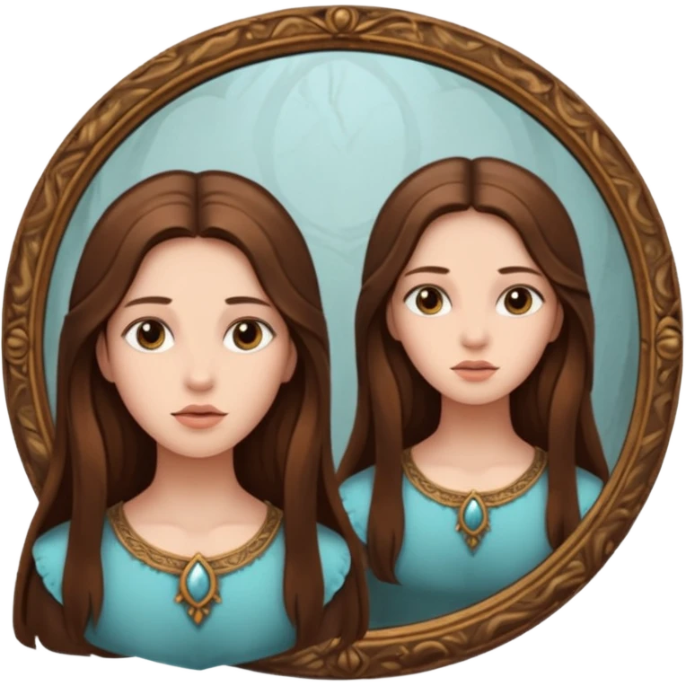 Woman facing ancient mirror, reflection slightly delayed and darker emoji