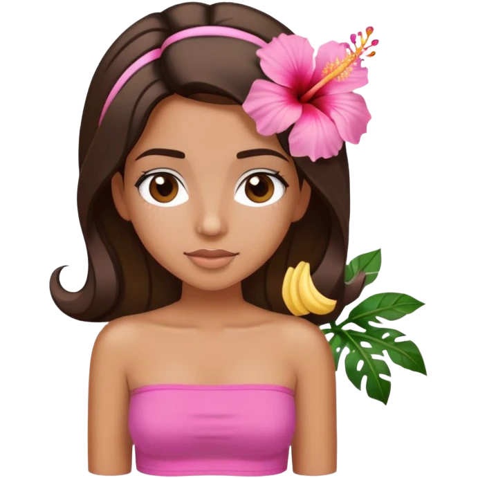 tan girl with dark brown hair and blonde highlights with a hibiscus flower in her hair wearing a pink tube top with tan lines showing emoji