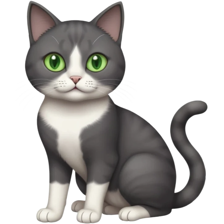 beautiful female solid dark grey cat with green eyes, white toes/paws and white patch on her chest playing emoji