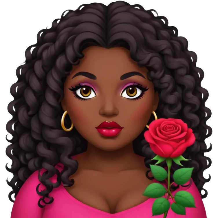 big plus size, dark skin, curly long hair, baddie,pretty rose lips, makeup, black eyeliner, long hair emoji