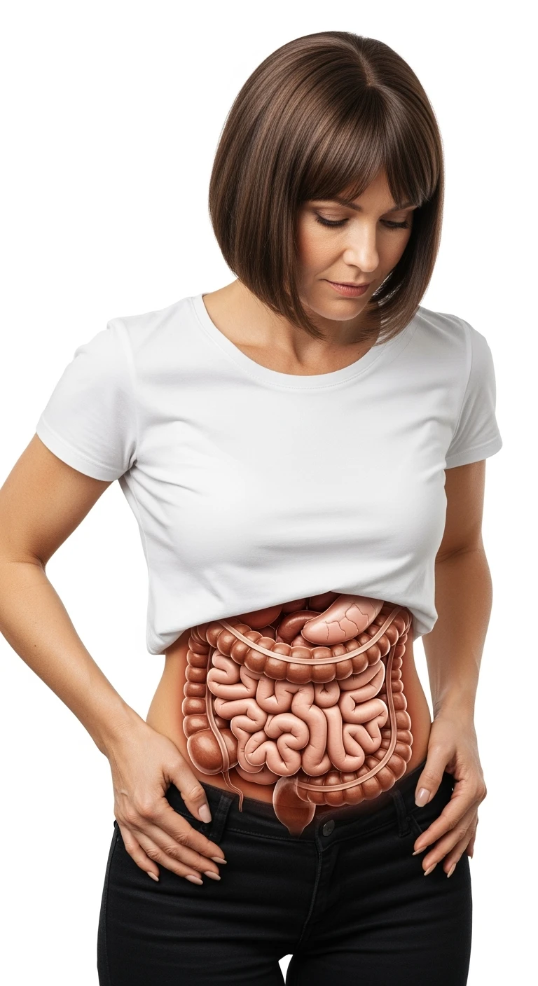 DONNA CHE SI STRINGE I FIANCHI CON LE MANI PER MISURARLI, INTESTINO ANATOMICO REALISTICO IN EVIDENZA, iperrealistico 4k, SENZA METRO, ISOLATA SU SFONDO BIANCO emoji