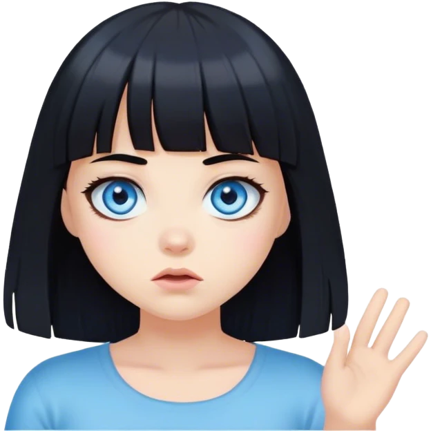Girl with blue eyes and black hair with bangs shrugging emoji