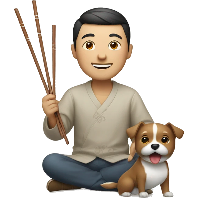 Chinese man with chopsticks smiling with dog emoji
