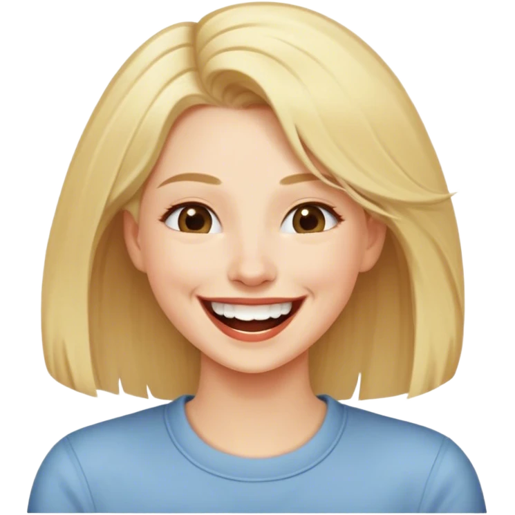 Woman with long blonde hair at the center laughing with a big group of friends with short hair emoji