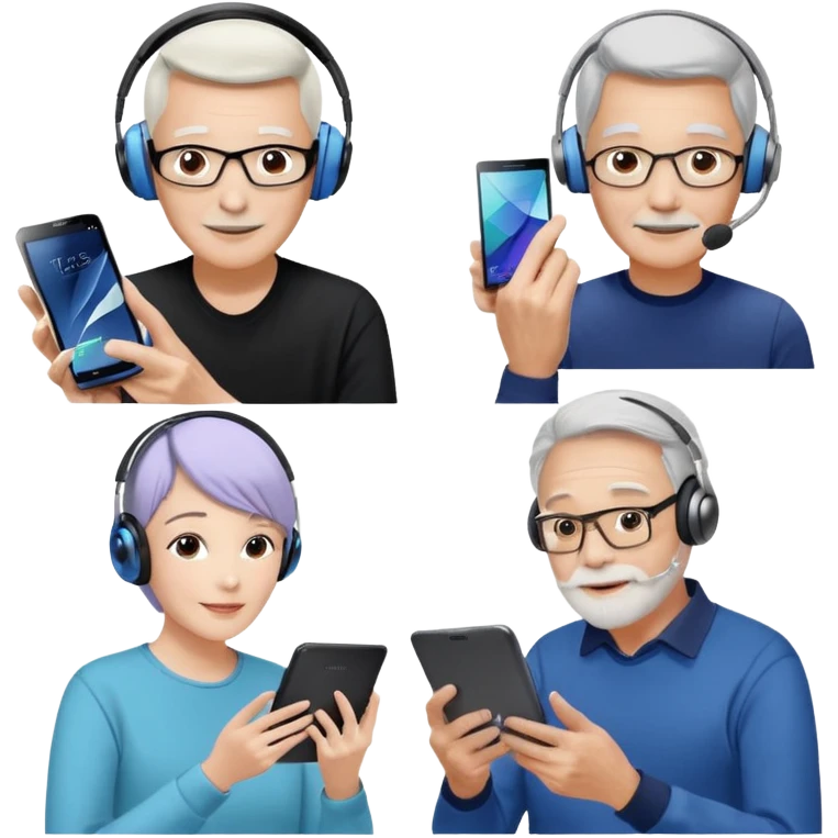 Please make it again in the style you just sent me. All devices should be Galaxy.
1. MZ users using headsets and watching youtube
2. A person holding a tablet in one hand and a smartphone in the other
3. Senior who enjoys looking at his cell phone
4. Creators working hard with Galaxy Tab + keyboard  emoji