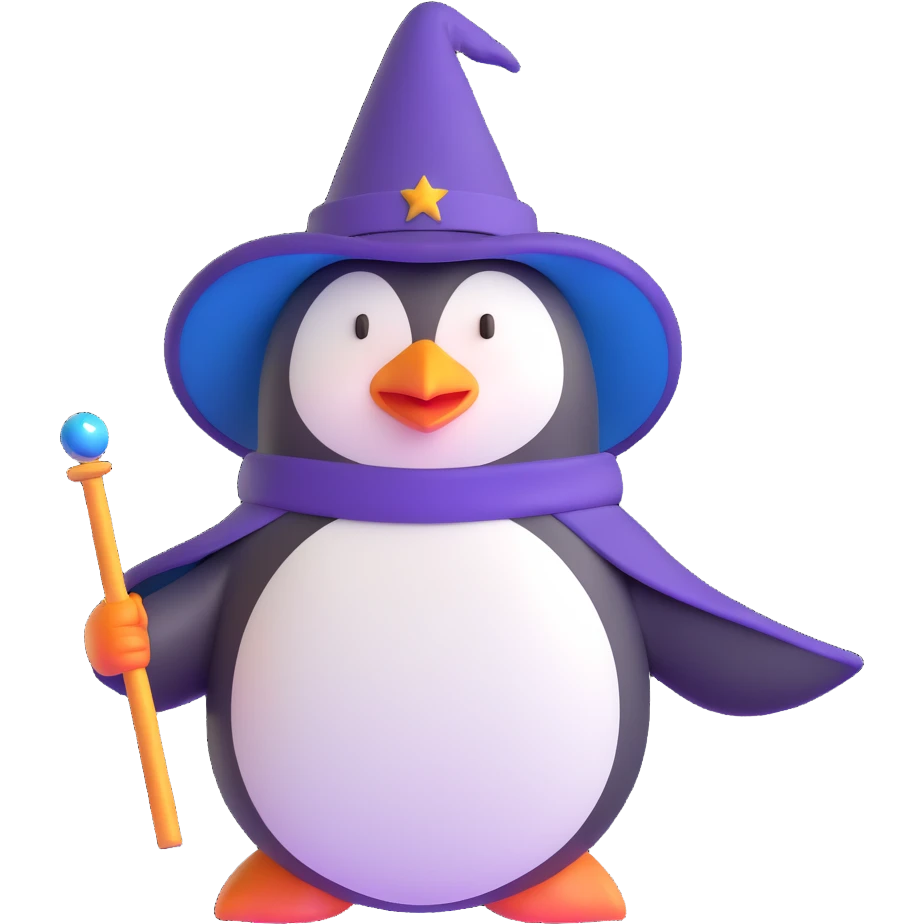 penguin wearing a wizard hat and holding a magic wand emoji