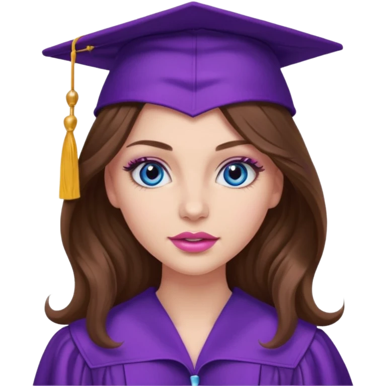 girl with long wavy brown hair, blue eyes, long lashes makeup, sexy pink lips, wearing a purple graduation cap and gown emoji