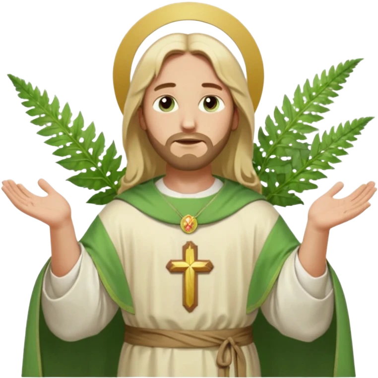 Jesus, green eyes, blonde hair, light green chasuble. opening arms, gazing thoughtfully. Soft light, subtle fern. Waist-up, profile. emoji