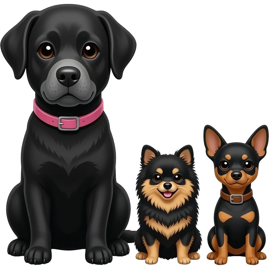 Large OLDER black lab grey in muzzle with pink collar and small black and tan pomeranian together with TwO black and tan miniature pinchers that are 3 inches taller than the pom with brown collars emoji