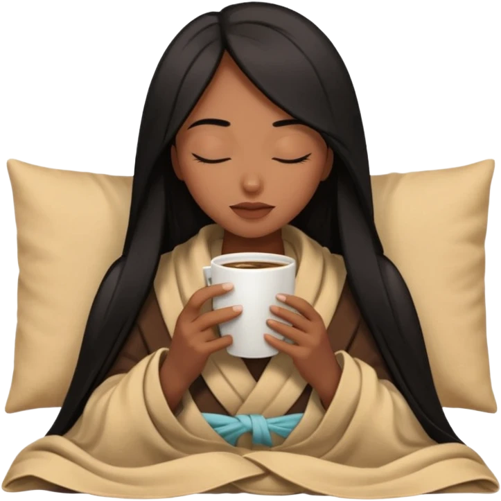 Chocolate brown girl with long straight jet black hair wrapped inside a tan blanket sipping coffee eyes closed emoji