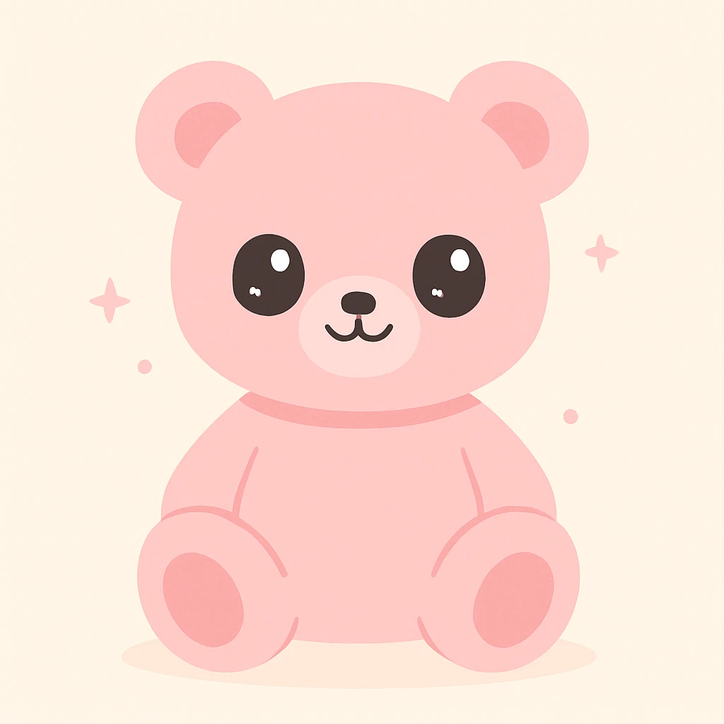pastel pink teddy bear sitting, plush and cuddly, gentle smile emoji