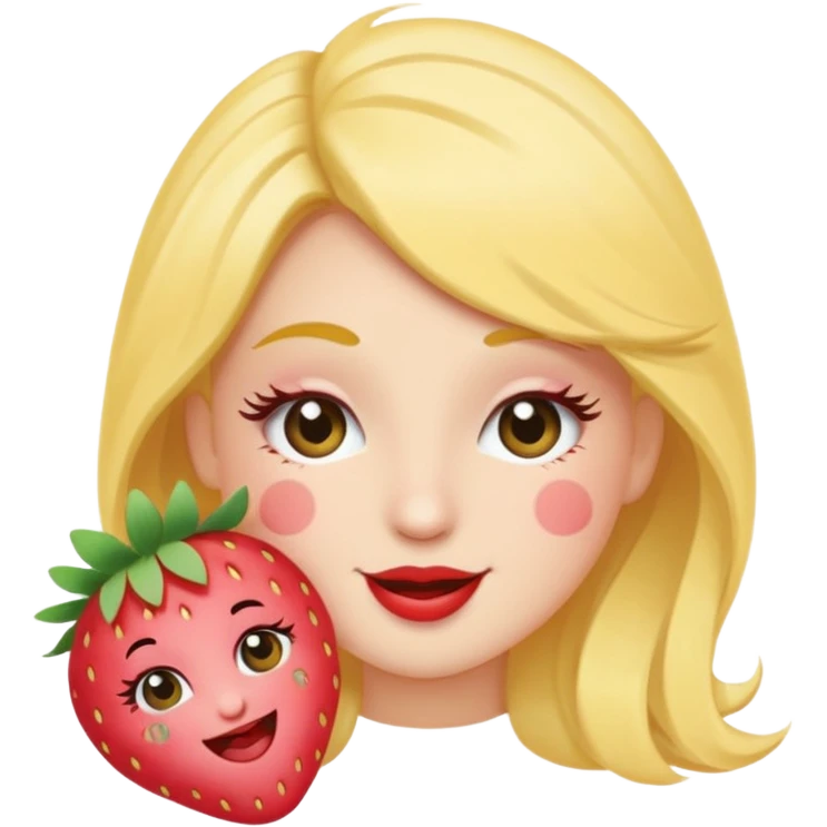 Emoji coquette, winking face with tiny strawberry sticker on cheek, fluttering eyelashes, pastel peach background, minimal vector, 512x512, transparent background
 emoji