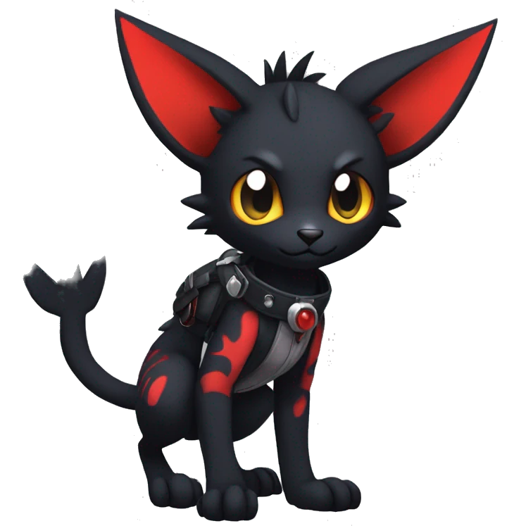 Black Anthro Cool Punk Noibat-Litten-Fakemon-fursona with fangs and red markings Full Body emoji