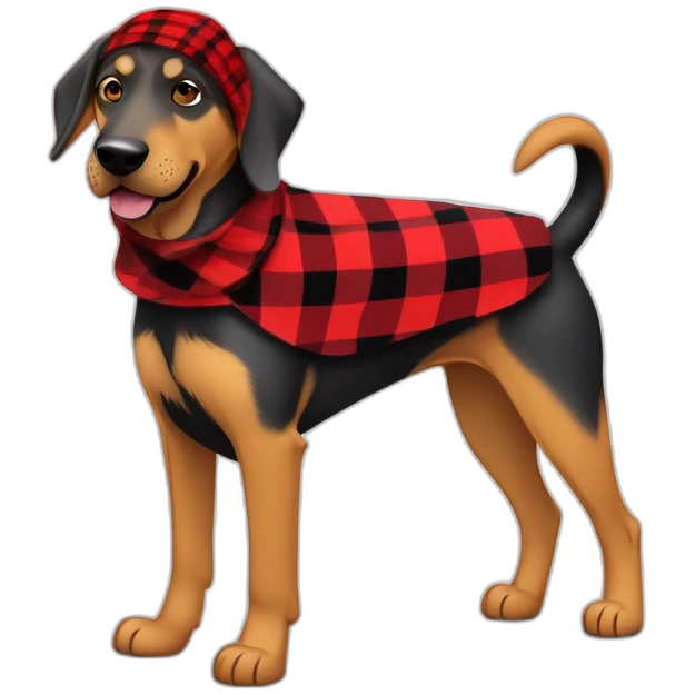 adult 75% Coonhound 25% German Shepherd mix dog with visible tail wearing small pointed red buffalo plaid bandana full body walking left emoji