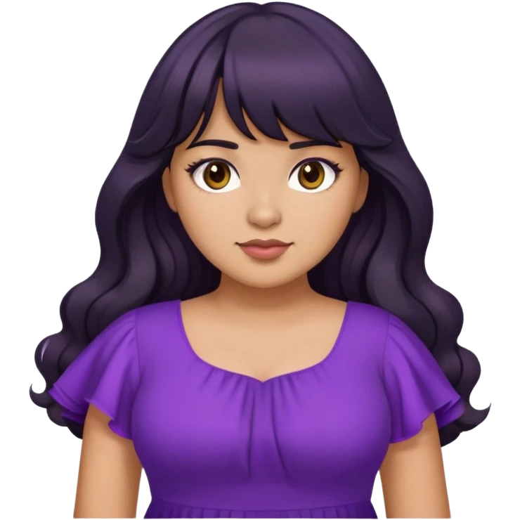 Latina girl with bangs black long wavy hair plus size with a purple dress emoji