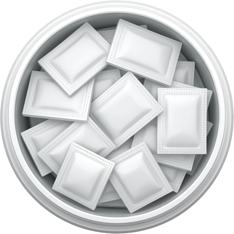 An open white snus container (small round plastic snus box, not a metal can), viewed from a slightly top-down angle. Inside are many small white nicotine pouches. The pouches are rectangular, soft, and slightly wrinkled, overlapping each other and stacked irregularly. emoji
