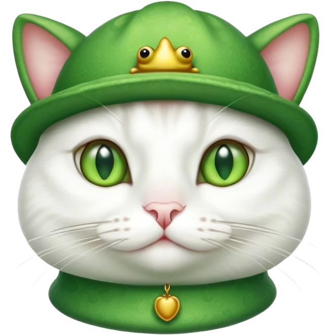 white cat wearing a frog hat emoji