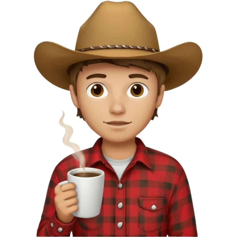 generate an ios genmoji of a 20 year old tan boy with a cowboy hat and side burns. Wearing a flannel and carrying a coffee mug emoji