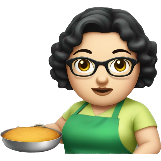 chubby lady with black hair and big eyes green apron  with glasses cooking  emoji