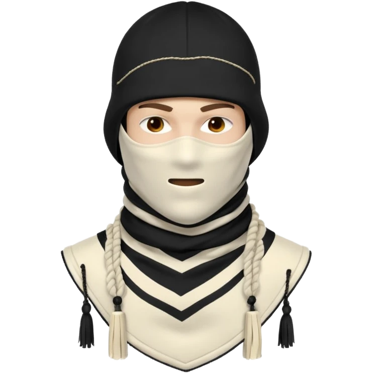 Deconstructed off-white balaclava with frayed layers, rope tassels, subtle embroidery. Studio photo, white bg, soft light. Streetwear luxury style.
 emoji