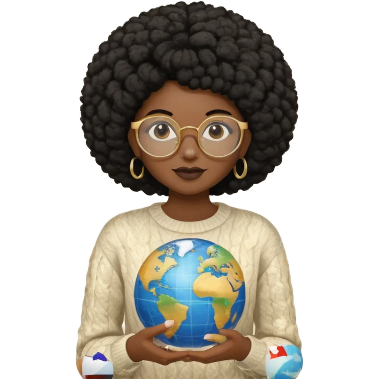a young woman wearing gold round glasses and black afro hair, she has medium-dark skin, she's wearing a sweater and she's holding a globe in her hand emoji