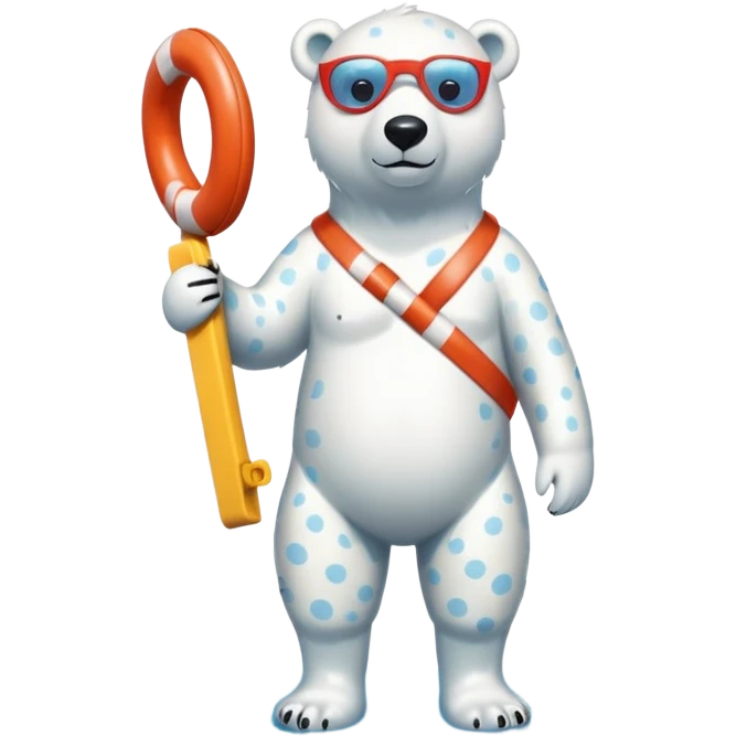 full body friendly anthropomorphised polar bear wearing polka dot swim shorts and swim goggles, standing in a puddle and holding a life buoy emoji
