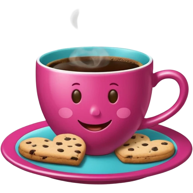 cup of coffee, steaming, the smoke should come out in the shape of a heart, the color of the cup is fuchsia, the cup has a happy face printed on it, the cup rests on a turquoise blue plate, and there are cookies and sugar cubes around the cup. emoji
