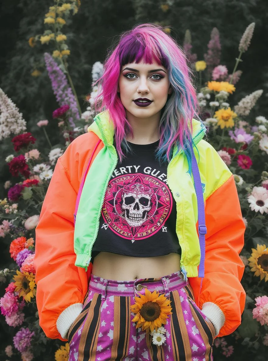 Closeup photo of a woman around colorfull flowers wearing alternative fashion emoji
