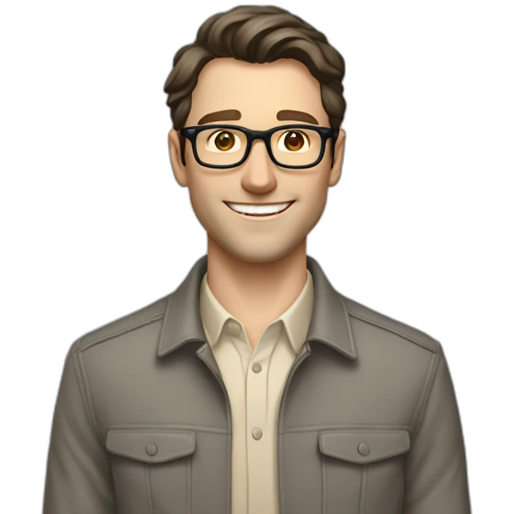 Joyful Full height Pale skinned Fit Man With dark brown hair in gray jacket, beige office shirt, Brown pants and vintage glasses. His thrumbs up emoji