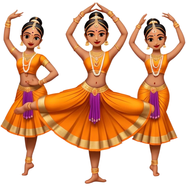 Cinematic Realistic Bharatanatyam Dance Emoji, depicted as an elegant classical Indian dance performance with graceful poses, intricate costumes, and expressive hand gestures, rendered with rich textures and warm dramatic lighting that captures its timeless beauty. emoji