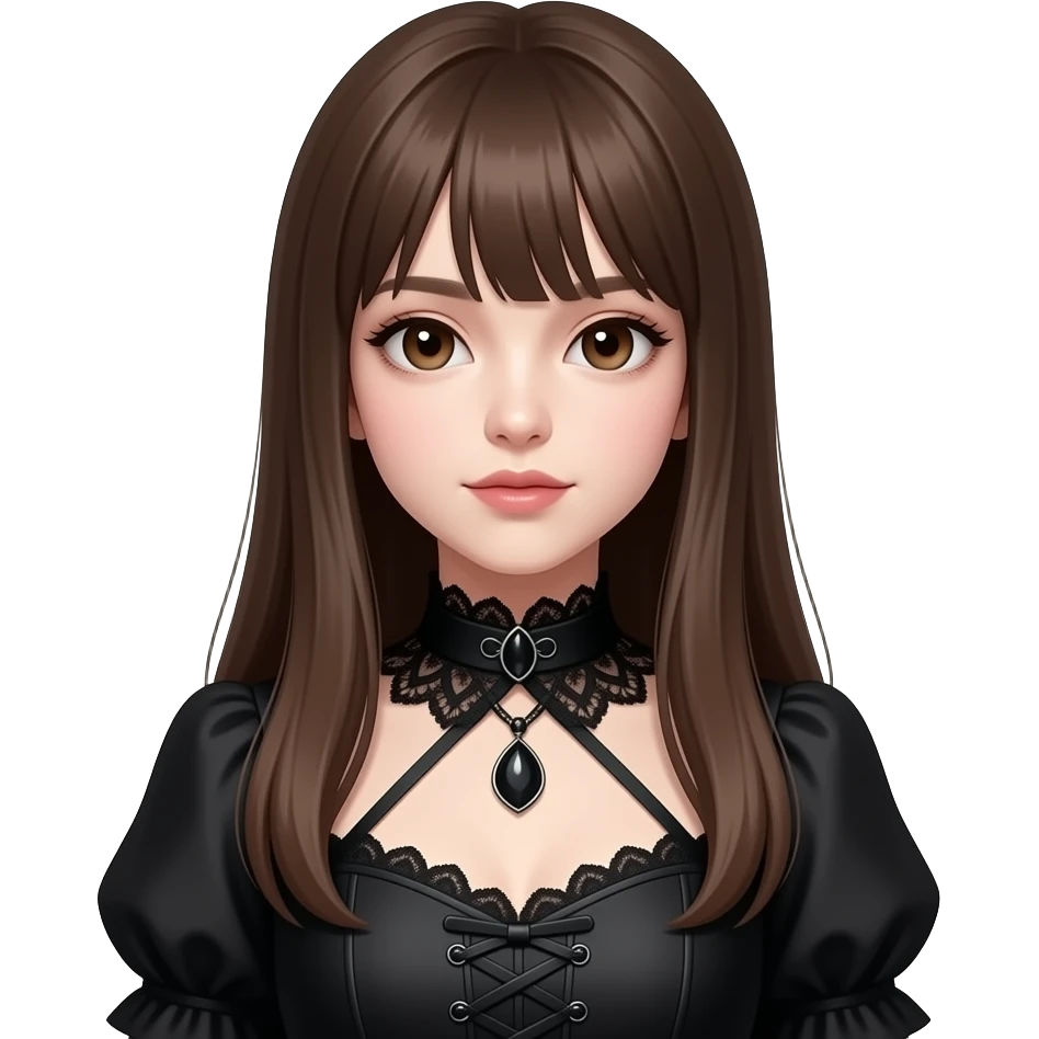 realistic pretty white skin long straight brown hair girl brown eyes long face wearing gothic dress Hf emoji