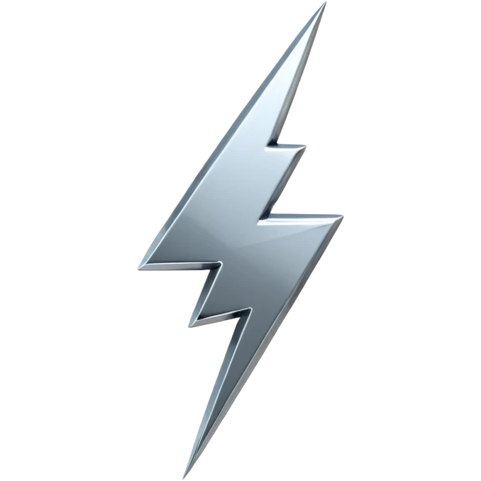 A lightning bolt emoji made of polished silver chrome, sharp yet rounded edges, glossy metallic surface, soft reflections, minimal futuristic design, iOS emoji style, centered, clean white background emoji