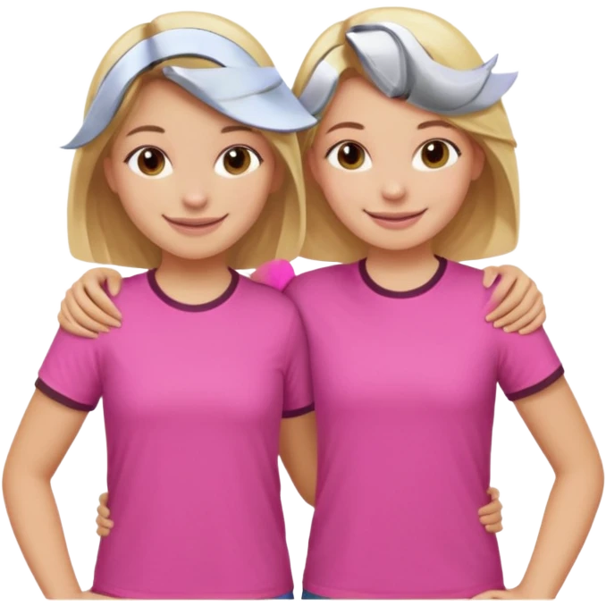 Two Girls with their arms around each other at summer camp one blonde one brown hair wearing pink shirt emoji