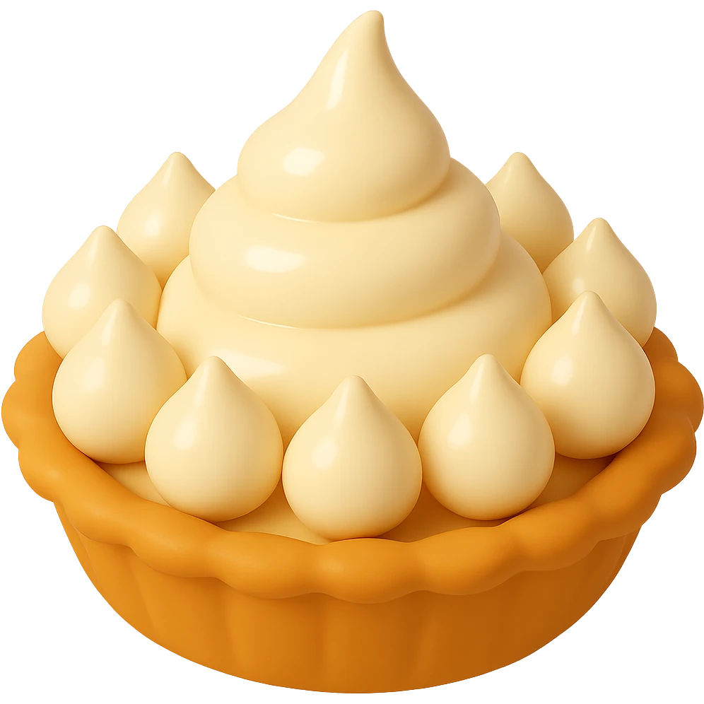 Frame 10 of 15: Cream pie with nine cream droplets, playful 3D emoji style, golden brown crust, same angle as reference emoji