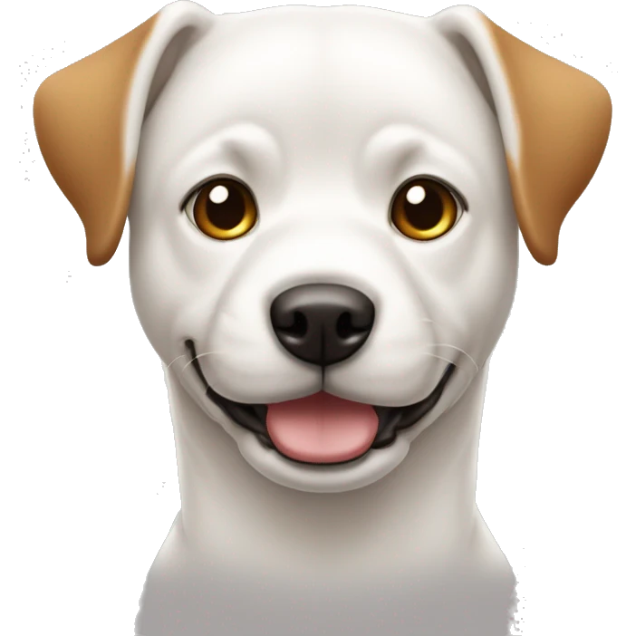 Perro blanco con orejas un poco caídas de color marrón, ojos verdes y nariz marrona emoji